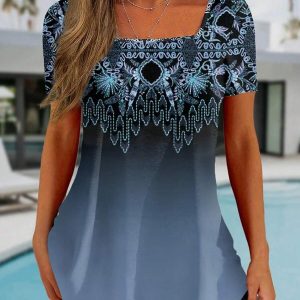 Women's Geo Print Square Neck Tee, Spring/Summer Style