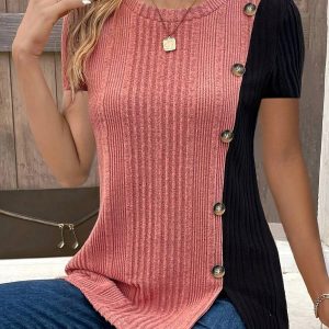 Women's Patchwork Button Ribbed Summer Short Sleeve Tee