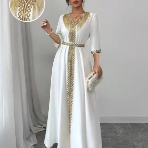 Women's Vintage V-Neck Sequin Tassel Patchwork Midi Dress