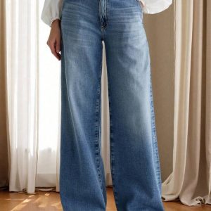 Women's Blue Denim Wide Leg Button-Zip Long Pants