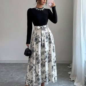 Women's 3D Pearl Patchwork Floral Long-Sleeve Holiday Dress