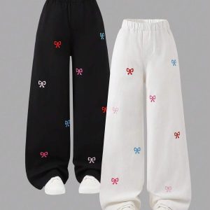 2pcs Girls' Cute Butterfly Embroidery Black/White Wide Leg Jeans